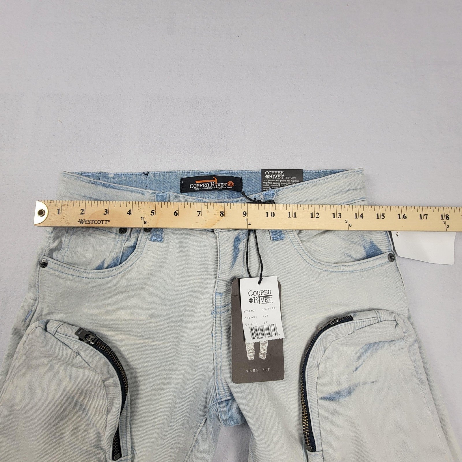 Copper Rivet Jeans Mens 16 Blue Slim Fit Cargo Pockets Zipper Streetwear New 9856
