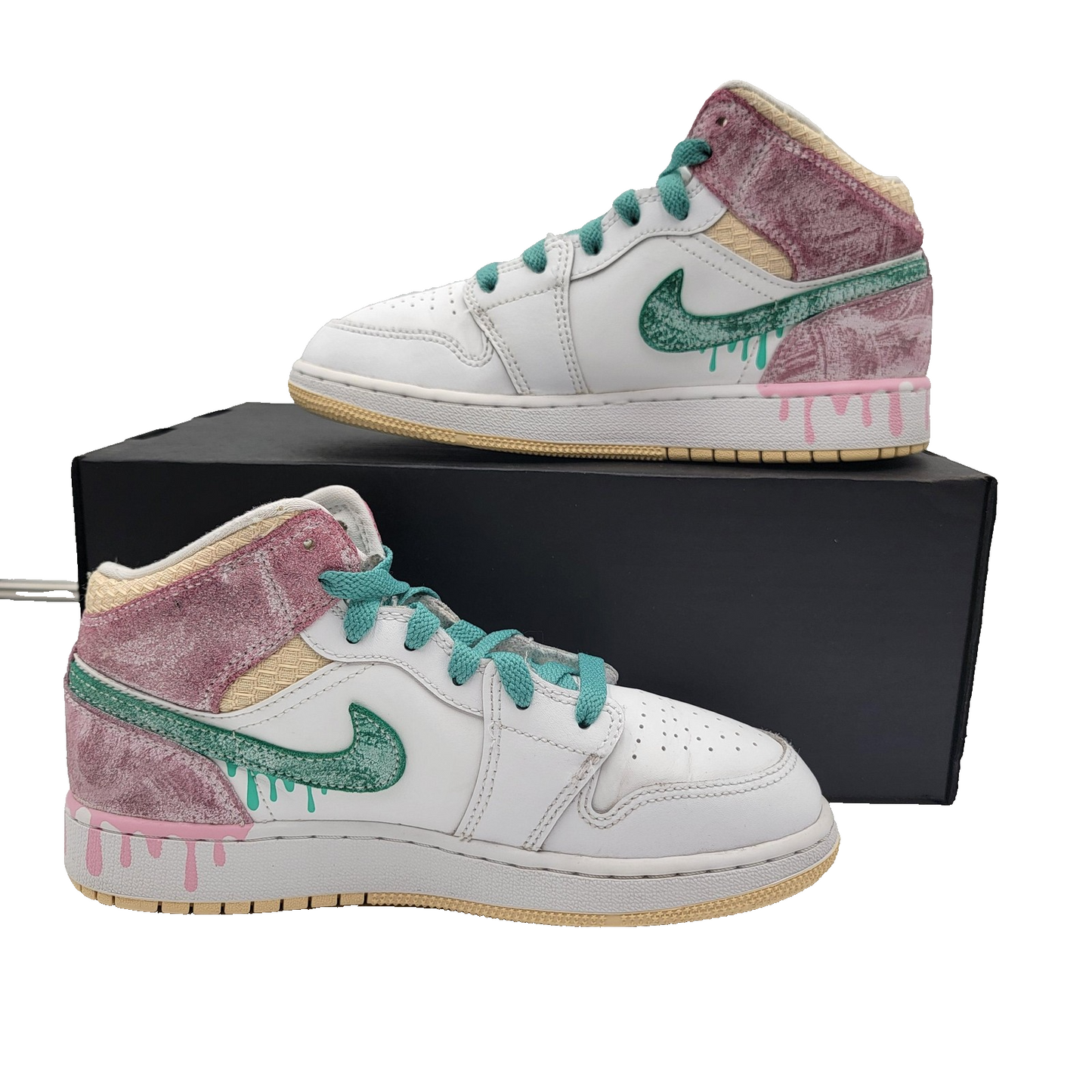 Air Jordan 1 Mid SE GS Shoes Youth Sz 5Y White Pink Green Drip DD1666-100