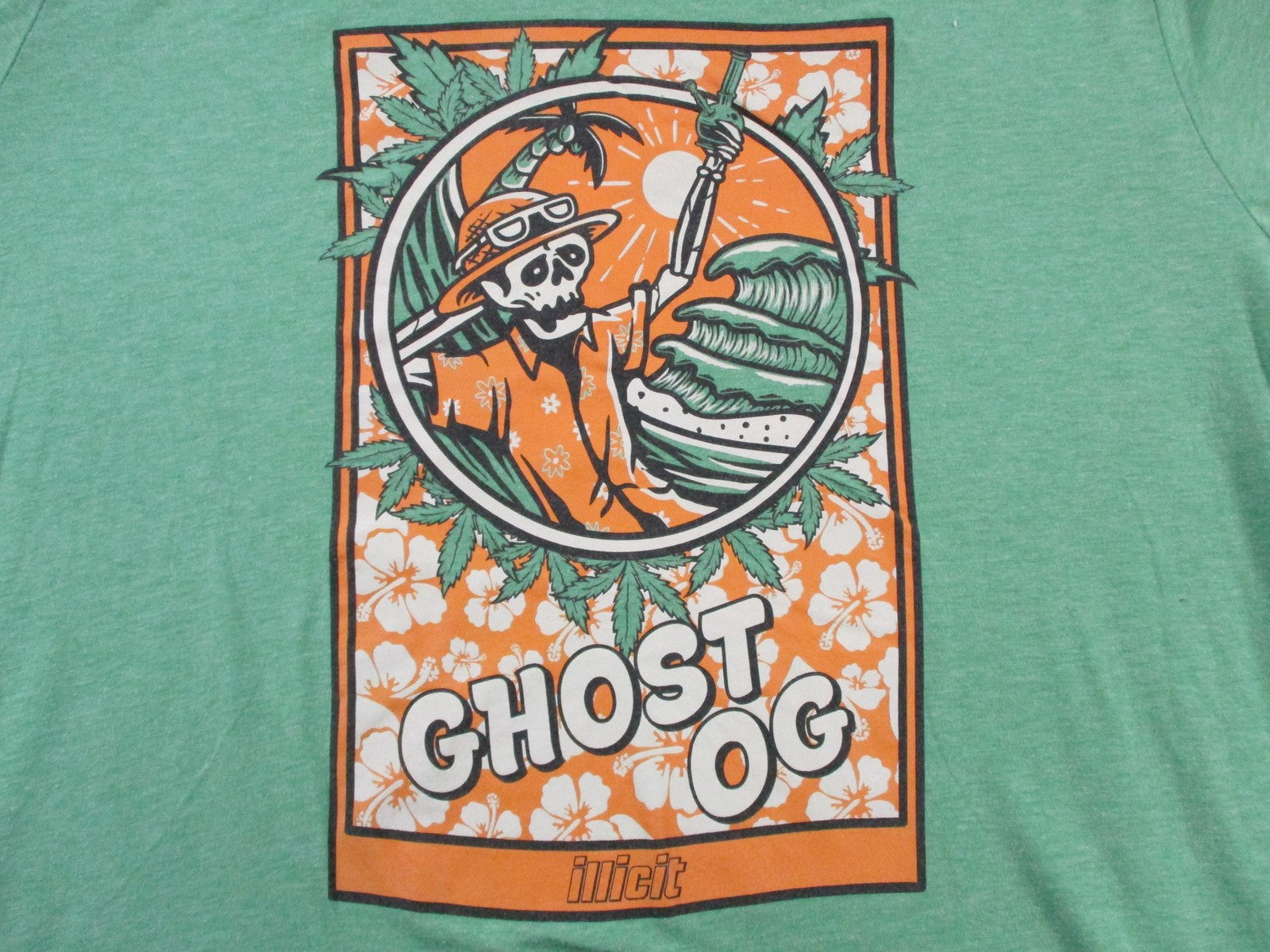 Bella + Canvas Ghost OG Shirt Mens 2XL Green Skeleton Surf Weed Graphic Tee2