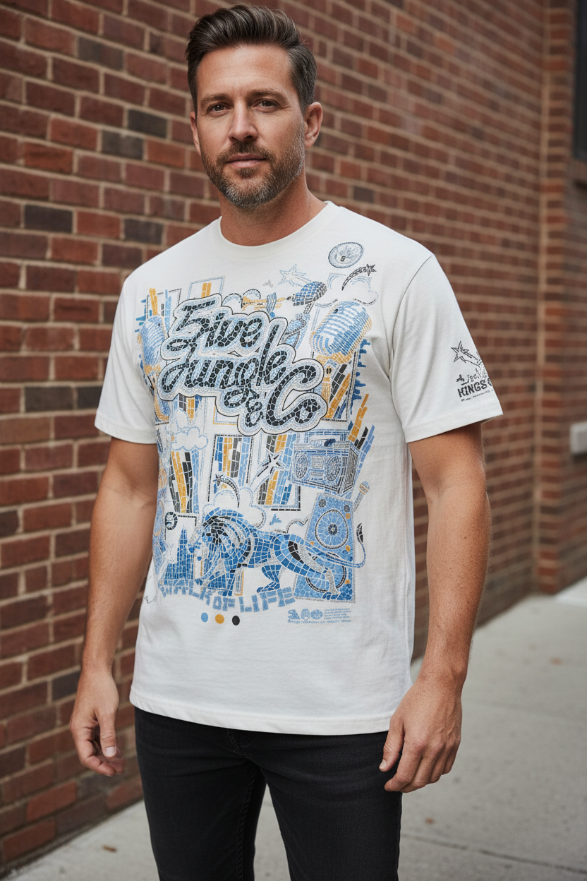 5ive Jungle & Co Walk of Life Kings County Tee Men 2XL White Y2K Streetwear 15650