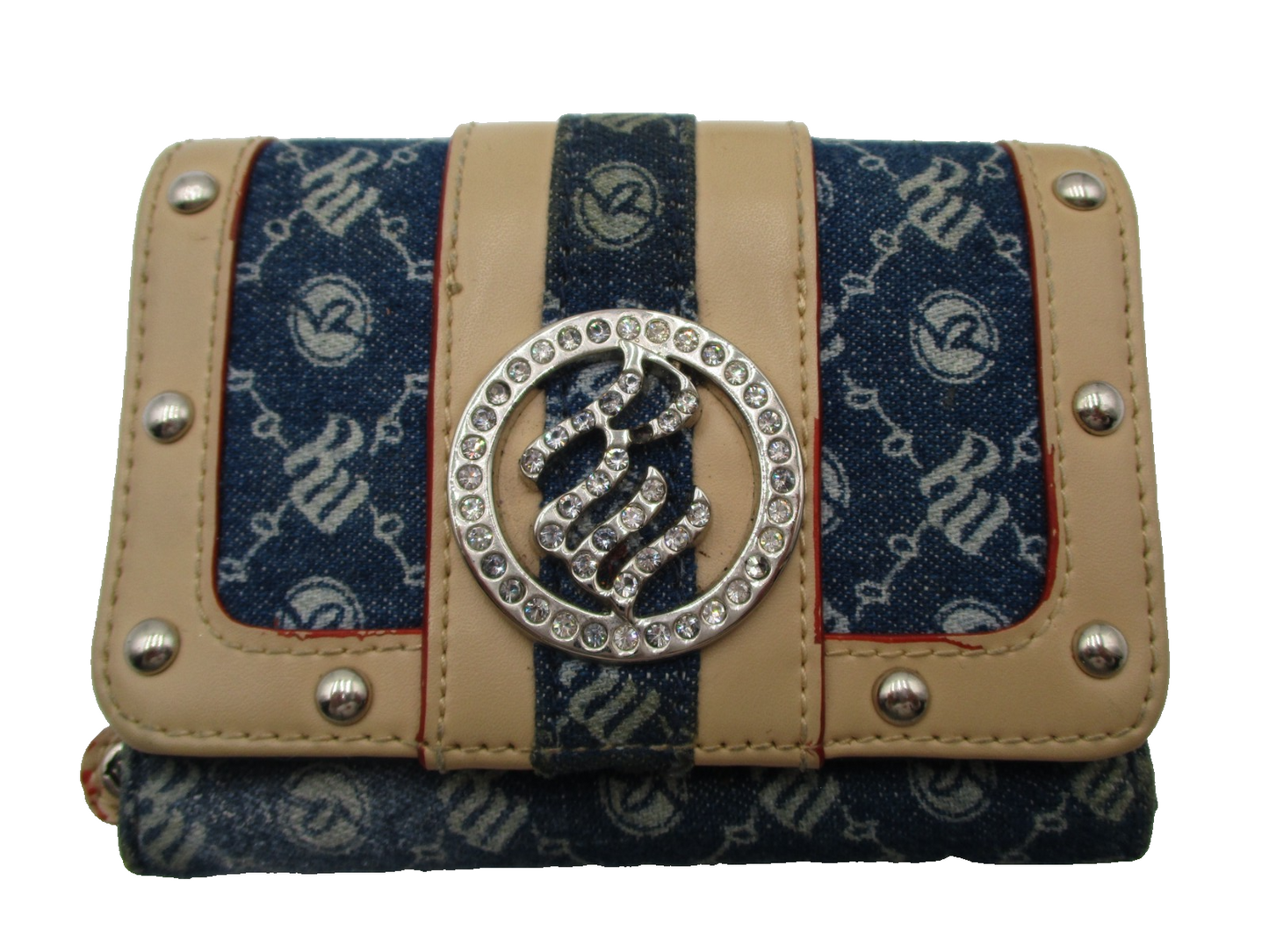 Rocawear Denim Shoulder Bag & Wallet Set Blue Monogram Logo Rhinestone Trim1