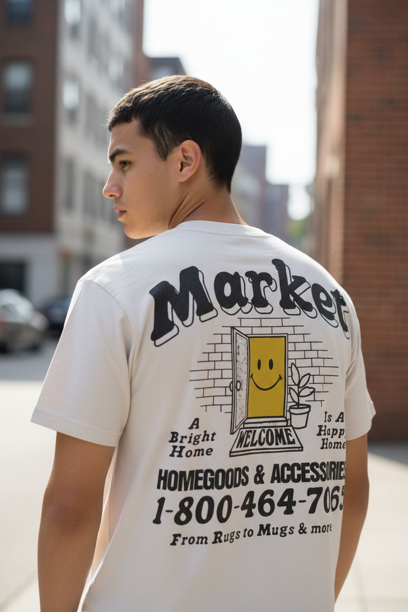 Market Shirt Mens Medium White Smiley Door A Bright Home Graphic Tee Back Print1