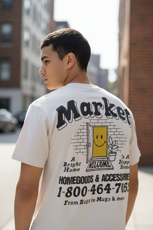 Market Shirt Mens Medium White Smiley Door A Bright Home Graphic Tee Back Print1