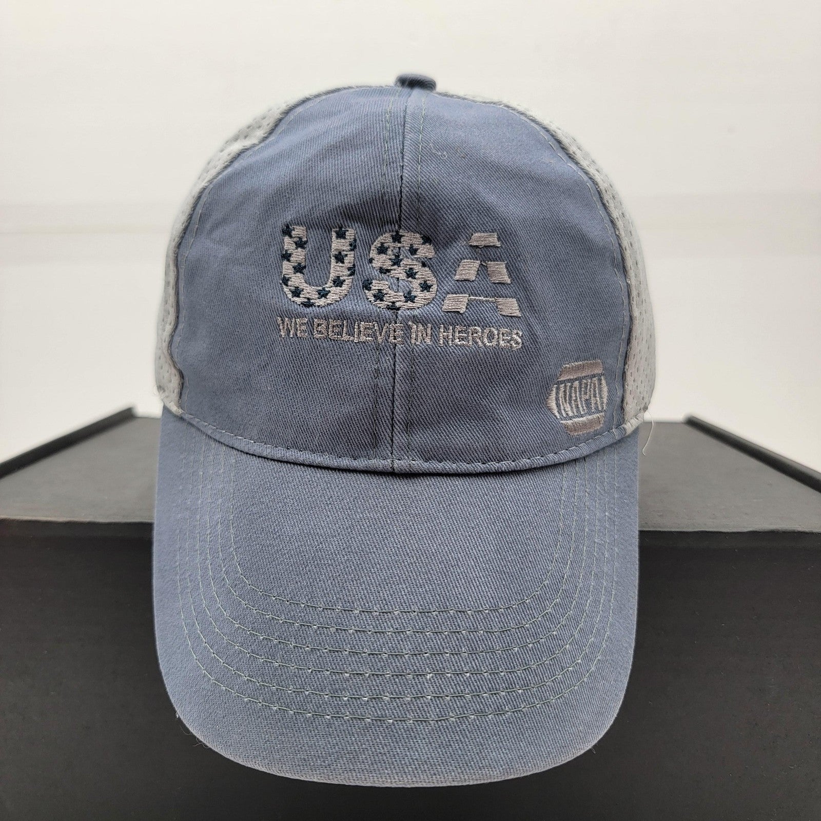 NAPA USA Hat Cap Strap Back Blue Gray Mesh Embroidered Trucker Patriotic Mens1