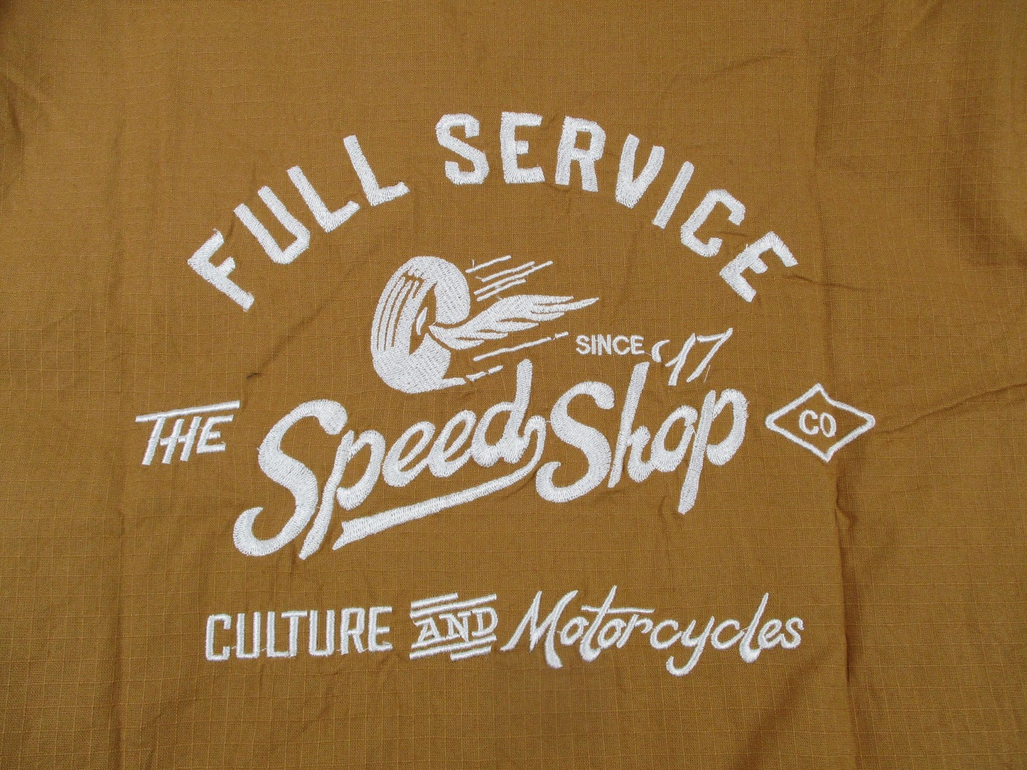 Lark & Owl Shirt Mens Med Brown Button Up Speed Shop Graphic Motorcycles 13278