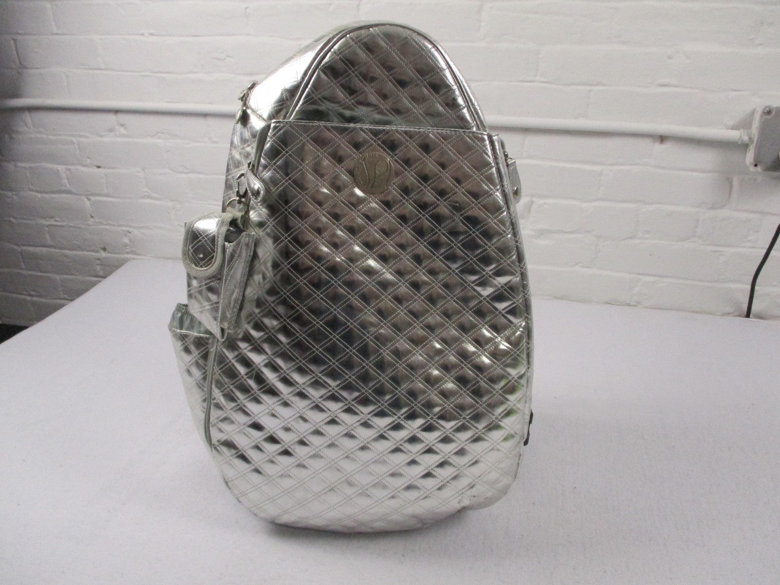 Life Is Tennis Metallic Quilted Backpack Bag Silver Tennis Racket Holder Gear0