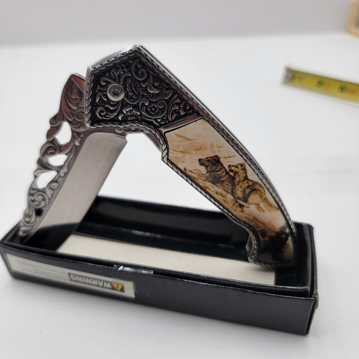Running Wolves 4.5" Ivory Drop Point Collectible Folding Knife5