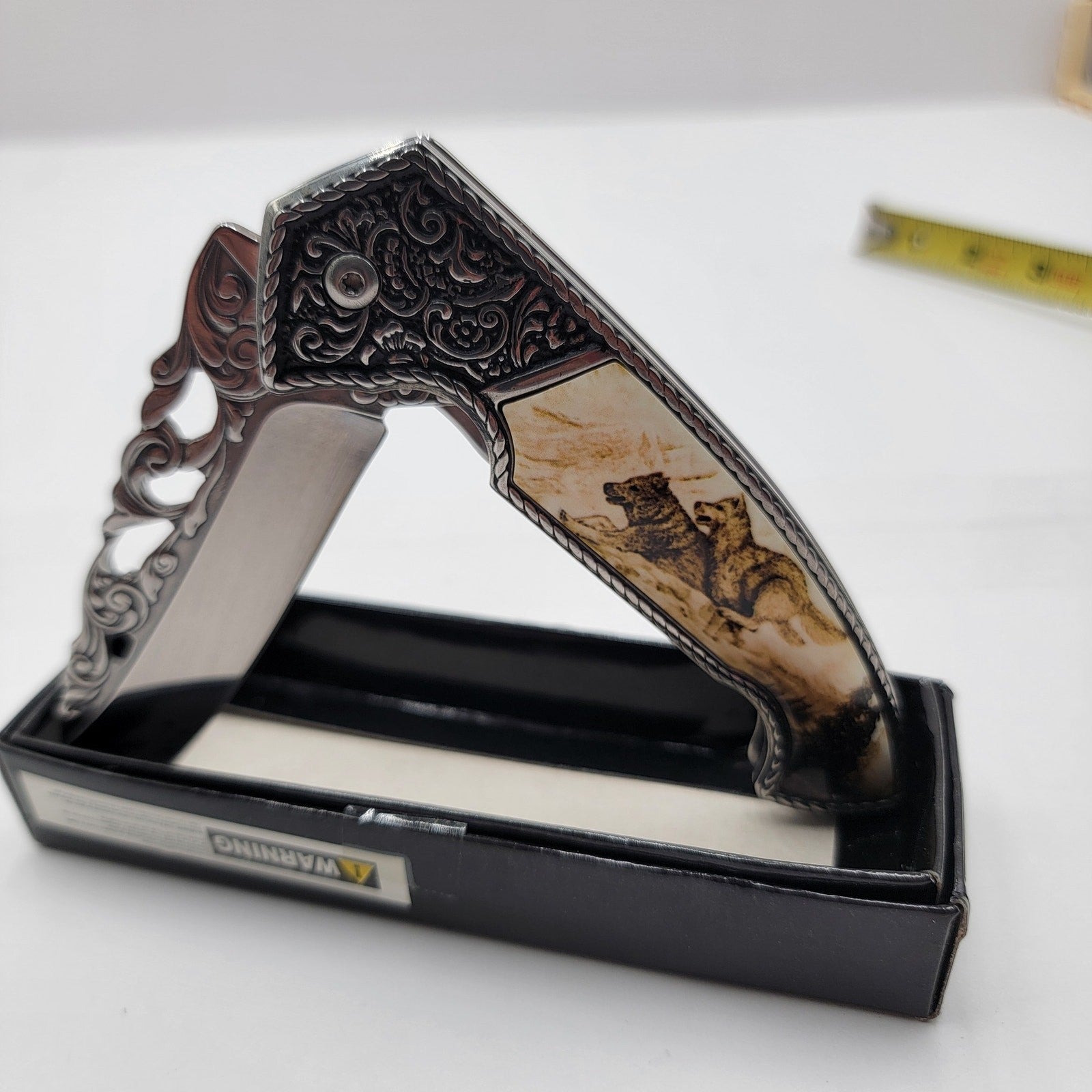 Running Wolves 4.5" Ivory Drop Point Collectible Folding Knife5