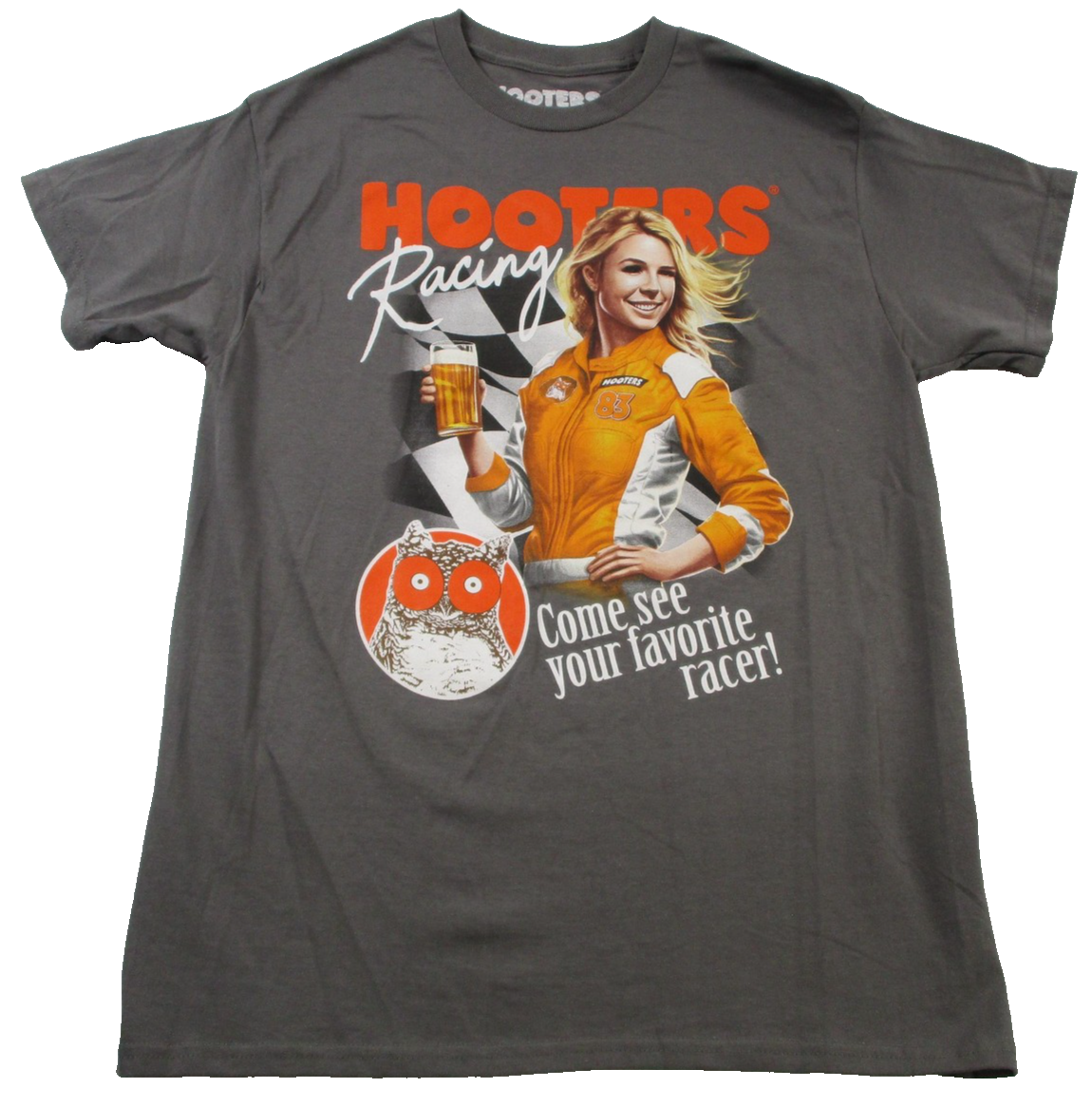 Hooters Racing Shirt Mens Medium Gray Come See Your Favorite Racer Tee 1356570