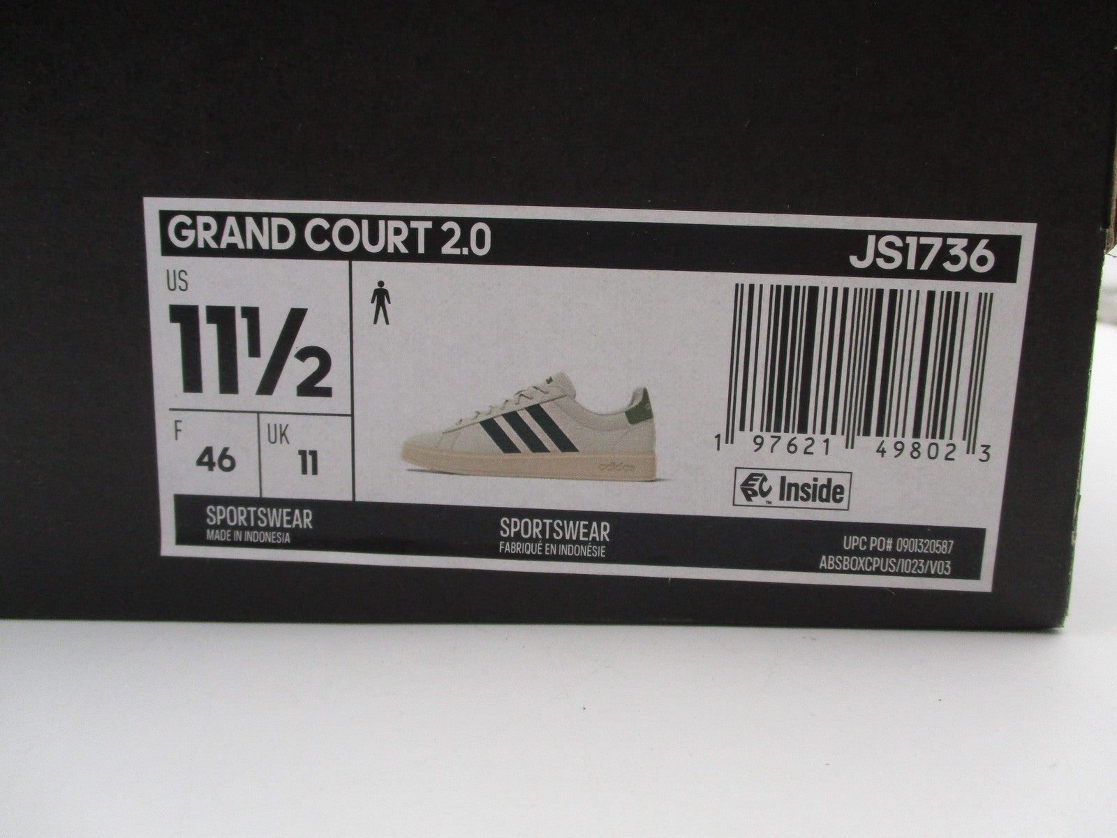Adidas Grand Court 2.0 Shoes Mens Size 11.5 White Green Sneakers JS173614