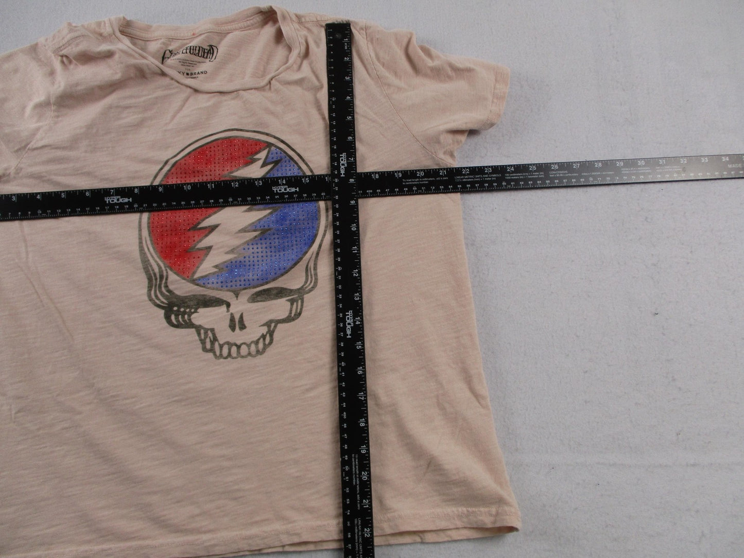 Lucky Brand Shirt Womens XL Beige Grateful Dead Rhinestone Skull Graphic Tee8