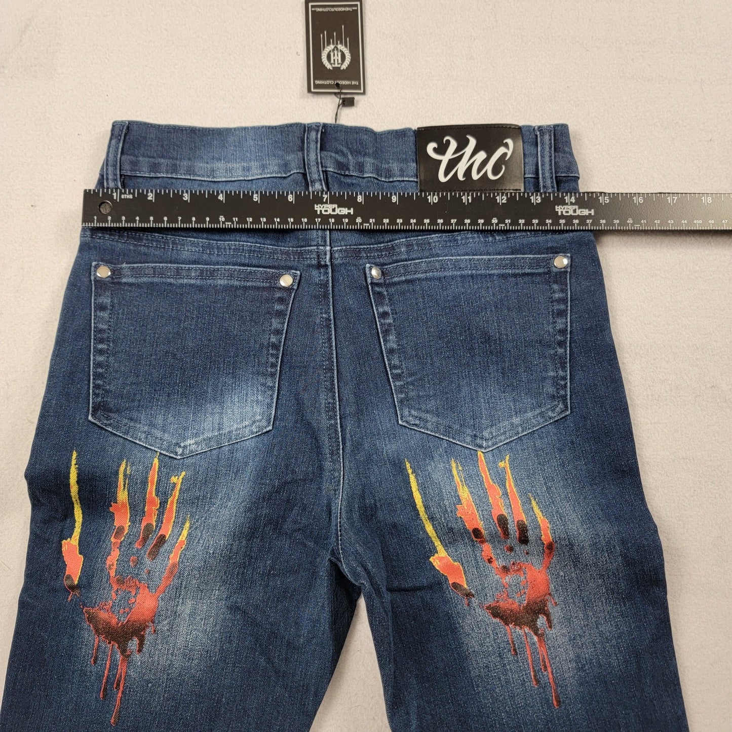 The Hideout Clothing Mens Jeans 30 Blue Flame Hand Print Slim Fit Zip Hem 822233