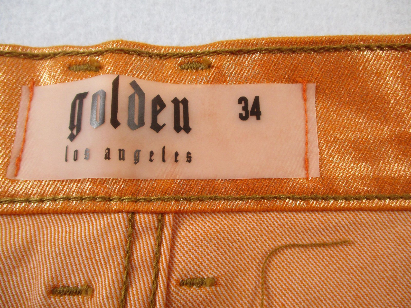 Golden Jeans Mens 34 Orange Metallic Flare Distressed Stretch Denim USA 14374