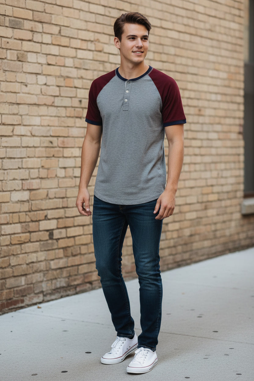 American Eagle Outfitters Shirt Mens Small Gray Maroon Flex Raglan Henley Tee0