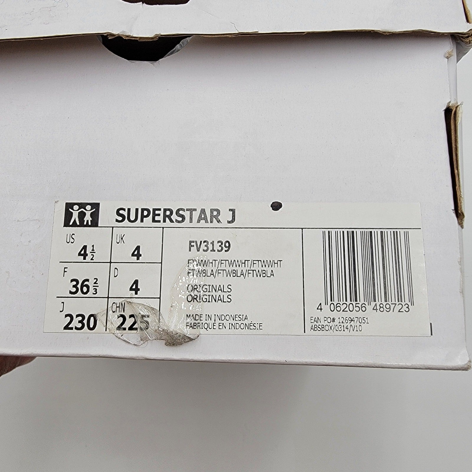 Adidas Originals Superstar J 'White Iridescent' Sz 4.5 FV31399