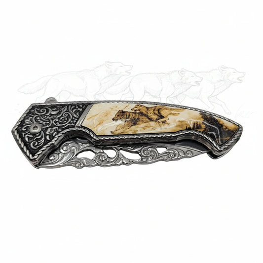 Running Wolves 4.5" Ivory Drop Point Collectible Folding Knife0