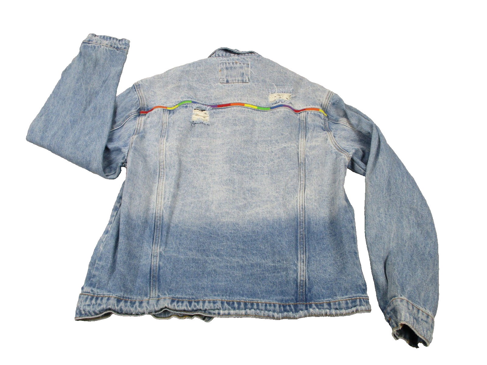 Forever 21 Denim Jacket Mens Medium Light Wash Trucker Rainbow Trim