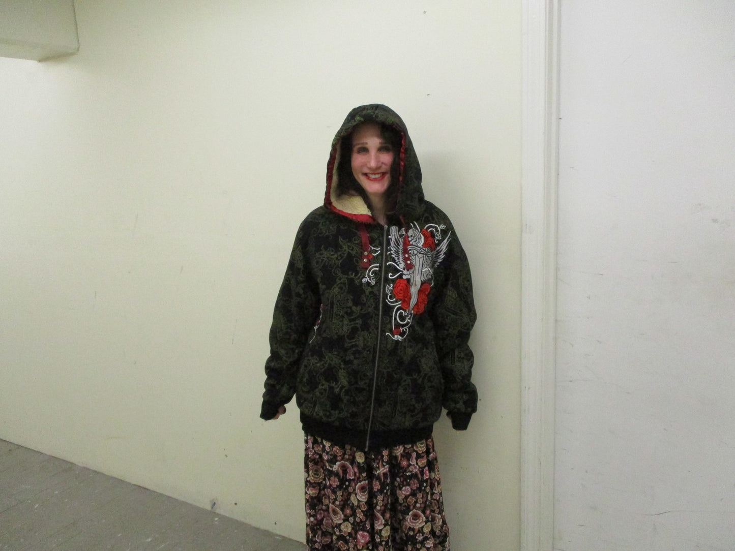 Quickshark Hoodie Mens 2XL Black Full Zip Sherpa Lined Skull Rose Graphic Tattoo15