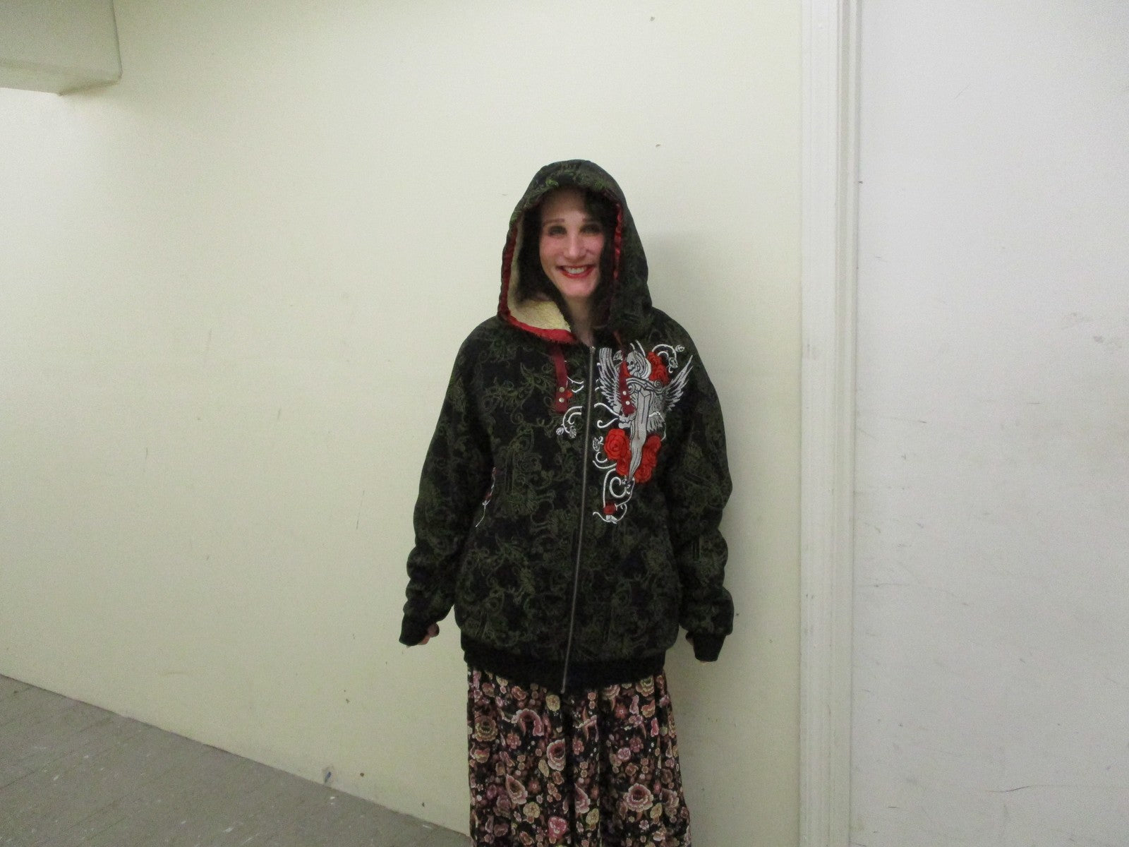 Quickshark Hoodie Mens 2XL Black Full Zip Sherpa Lined Skull Rose Graphic Tattoo15