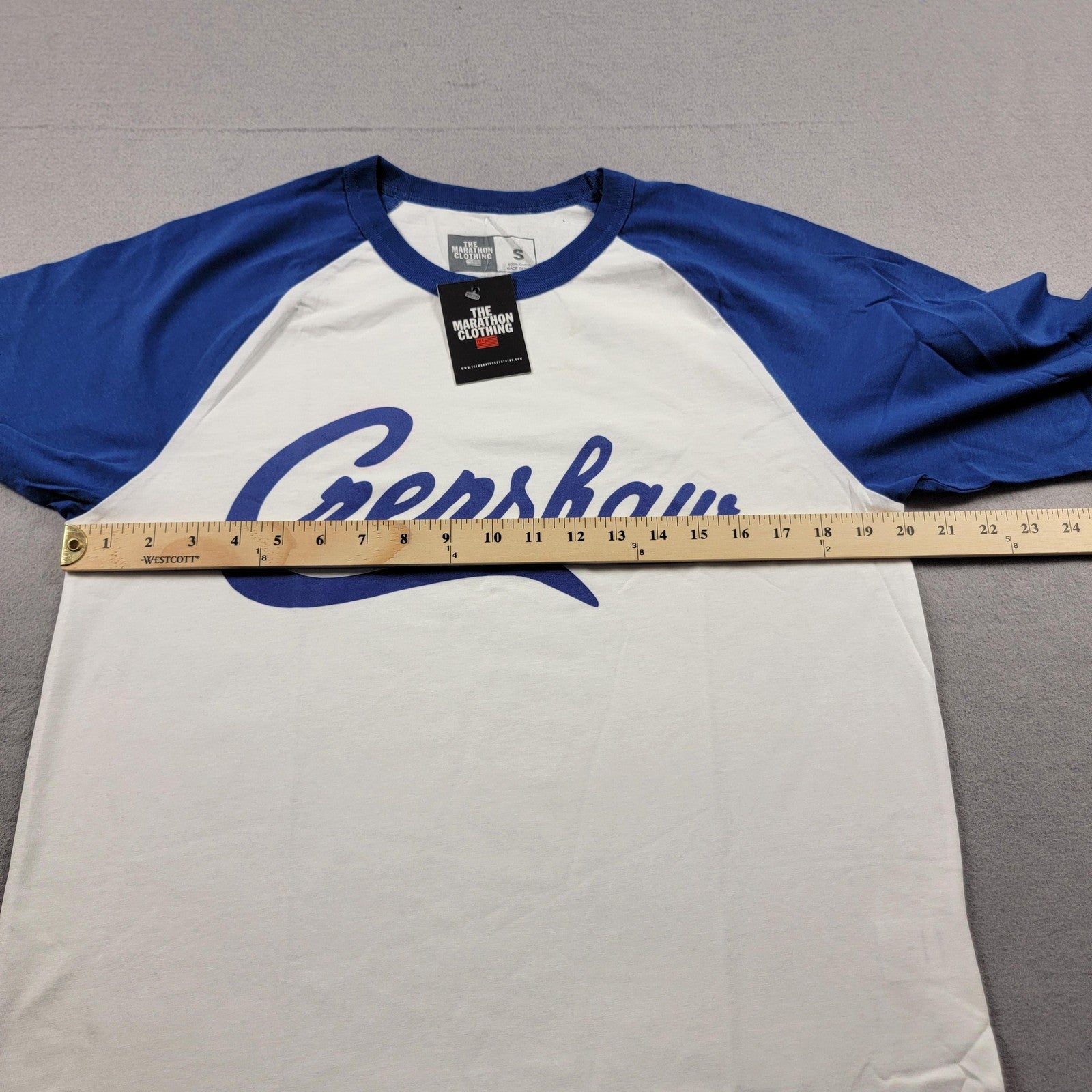 The Marathon Clothing Crenshaw Shirt Mens Small White Royal Raglan MRT886187