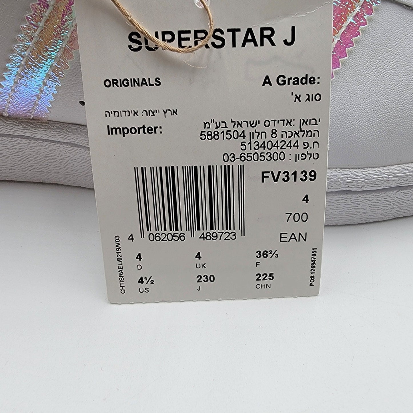 Adidas Originals Superstar J 'White Iridescent' Sz 4.5 FV31398