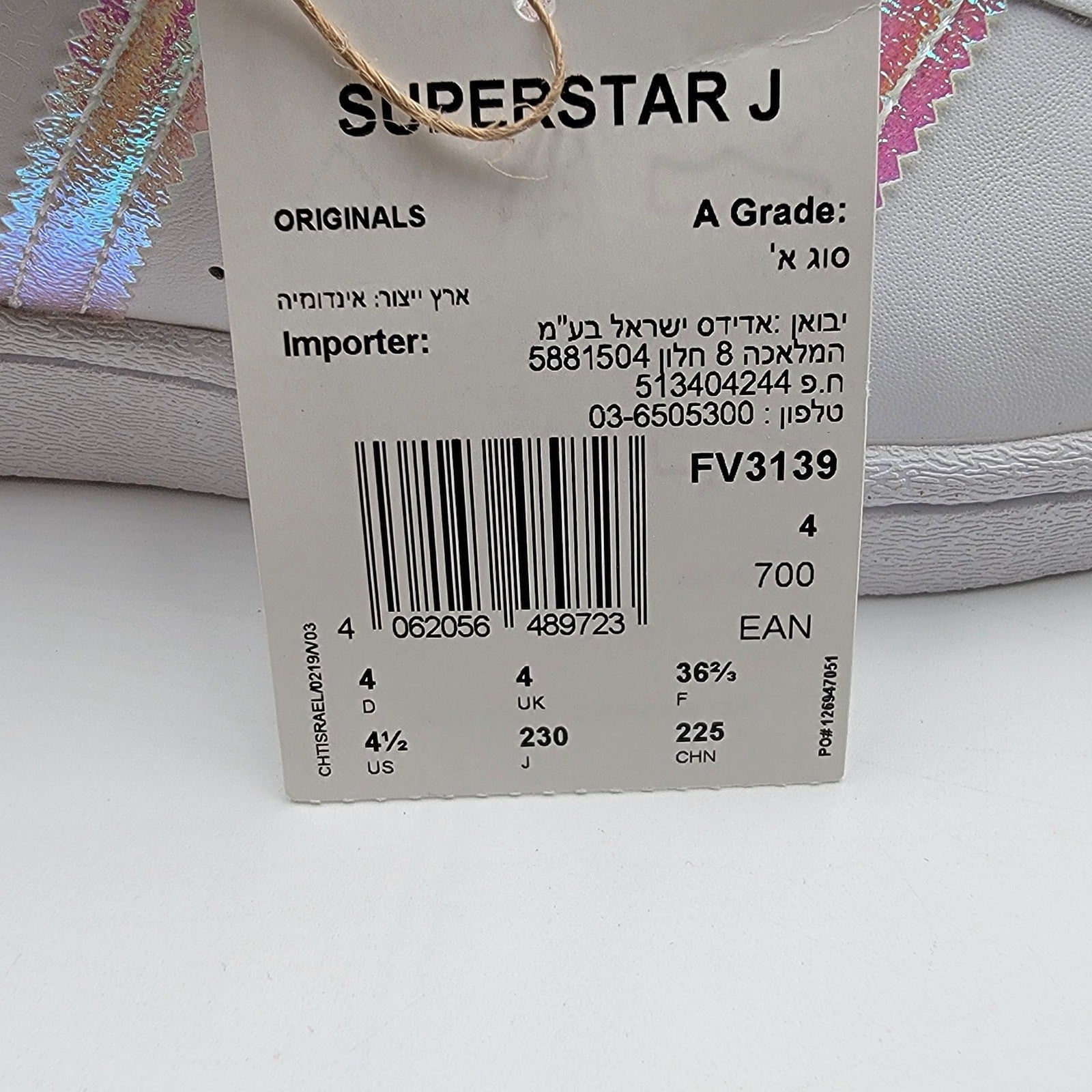 Adidas Originals Superstar J 'White Iridescent' Sz 4.5 FV31398