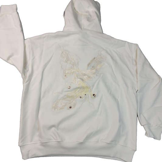 NIEPCE Hoodie Mens XL White Embroidered Phoenix Back Graphic Pullover KH90110