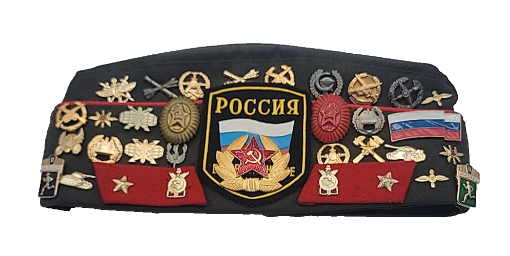 Soviet Military Pilotka Army Cap USSR Vintage Hat 33 Pins 4 Patches Militaria0