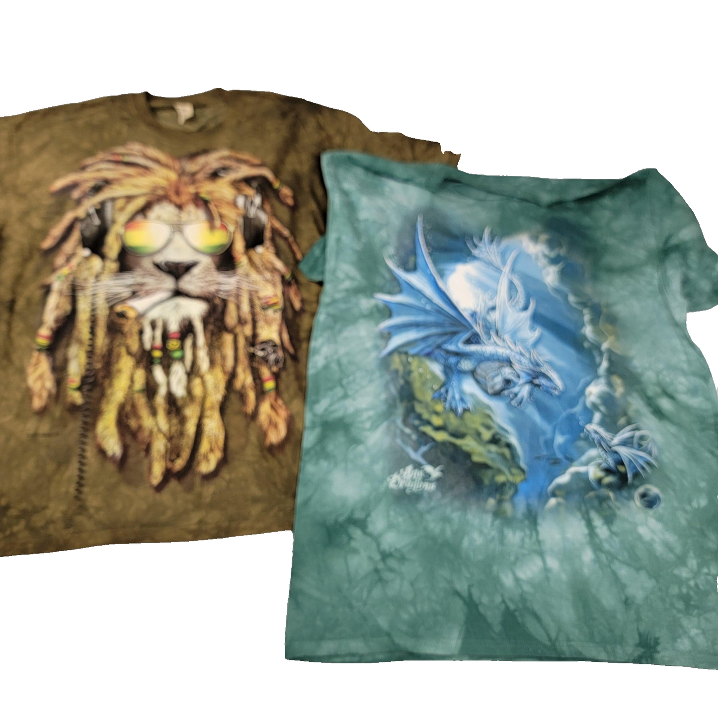 The Mountain 2 Pk Tees Men's XL Green Age of Dragon & Brown Rasta Lion
