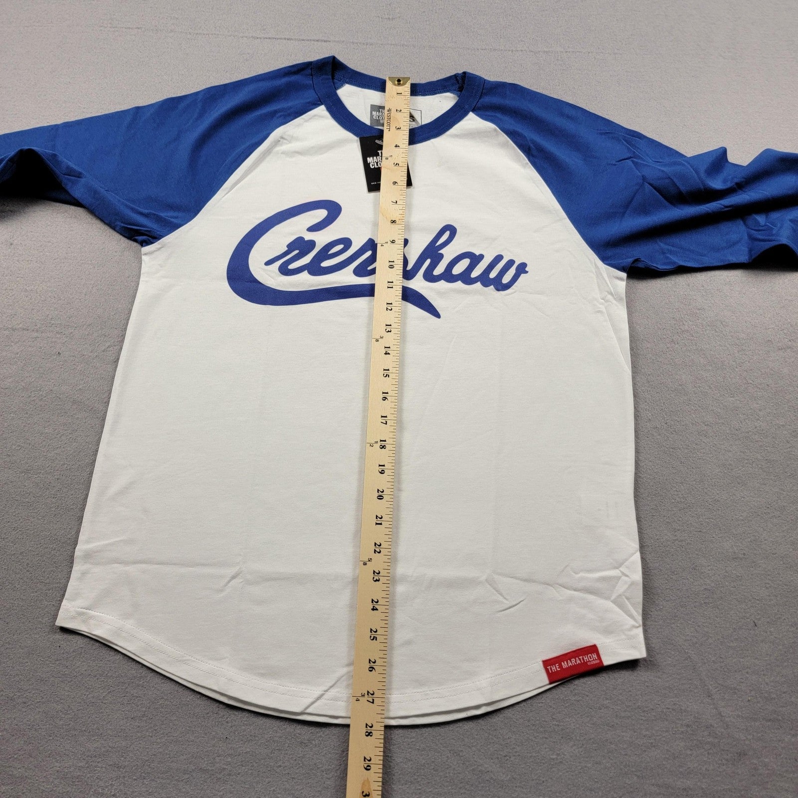 The Marathon Clothing Crenshaw Shirt Mens Small White Royal Raglan MRT886188
