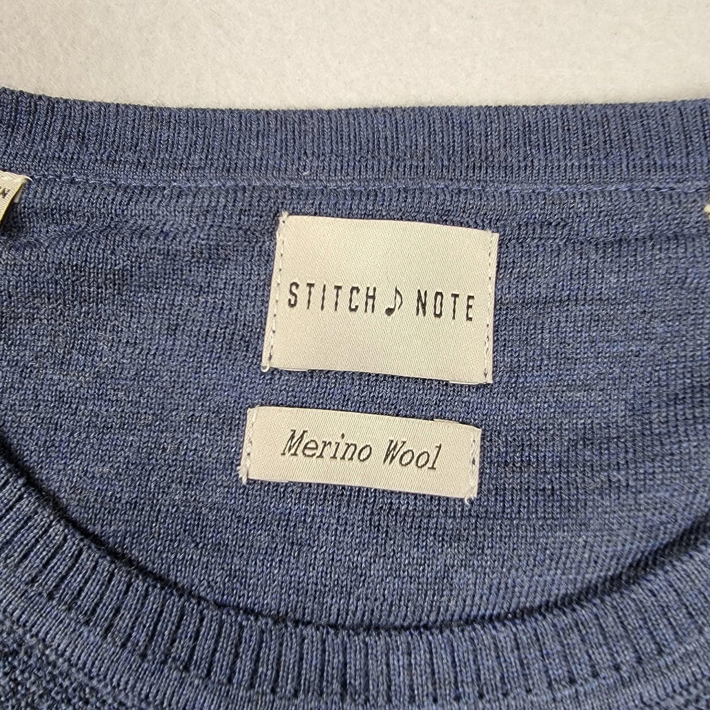 Stitch Note Sweater Mens Small Blue Merino Wool Melange Crewneck Pullover 6132