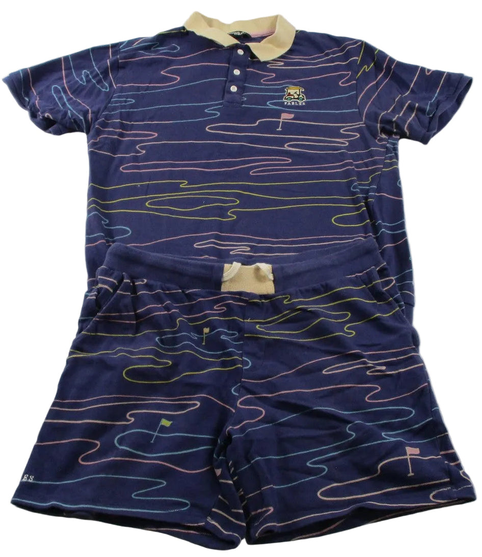 Original Fables Sweatsuit Set Mens XL Blue Golf Cart Flag Graphic Polo Shorts0