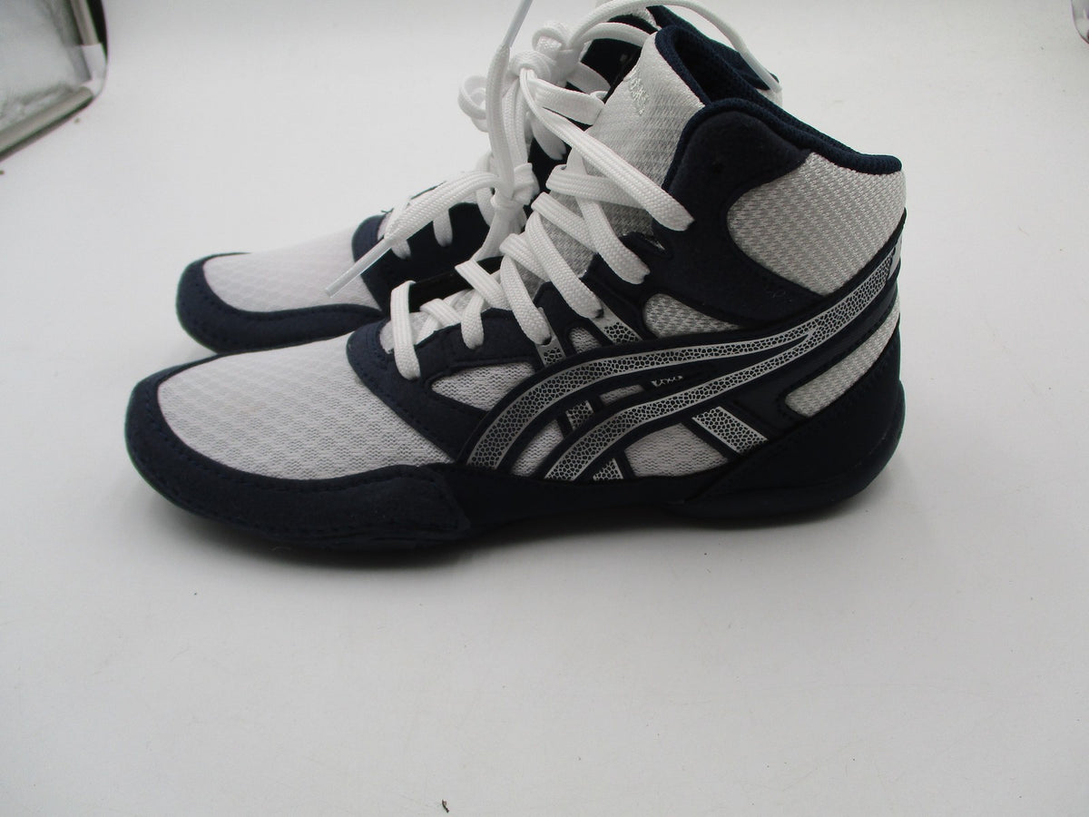 ASICS Snapdown Shoes Youth Size 3.5 White Navy Wrestling High Top 1084A0144