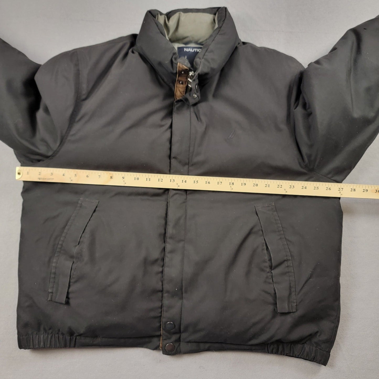 Vintage Nautica Men’s Down Jacket Black Brown Leather Trim Elbow Patch Size L7