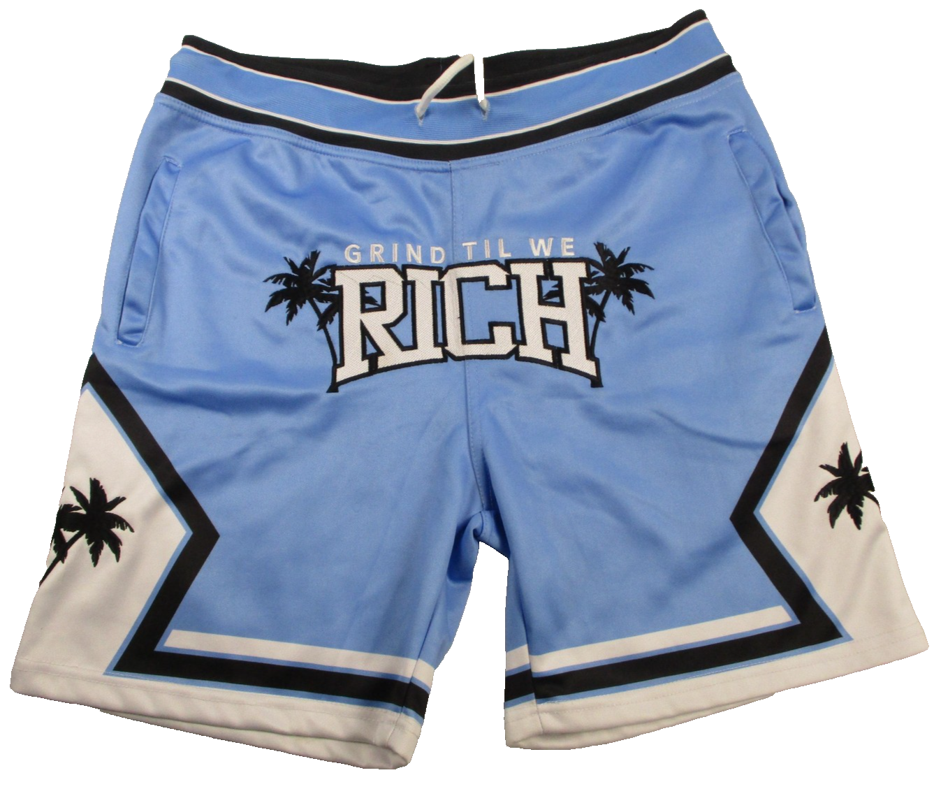 Grind Til We Rich Shorts Mens Small Blue Palm Tree Athletic Drawstring Gym 12290
