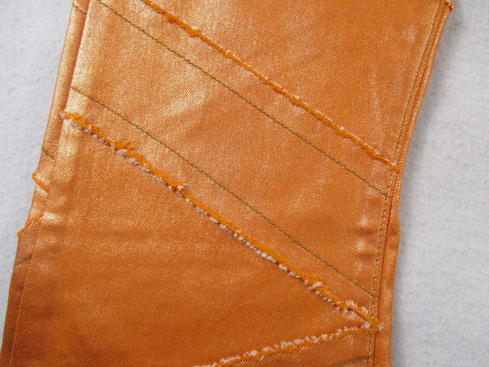 Golden Jeans Mens 34 Orange Metallic Flare Distressed Stretch Denim USA 14372