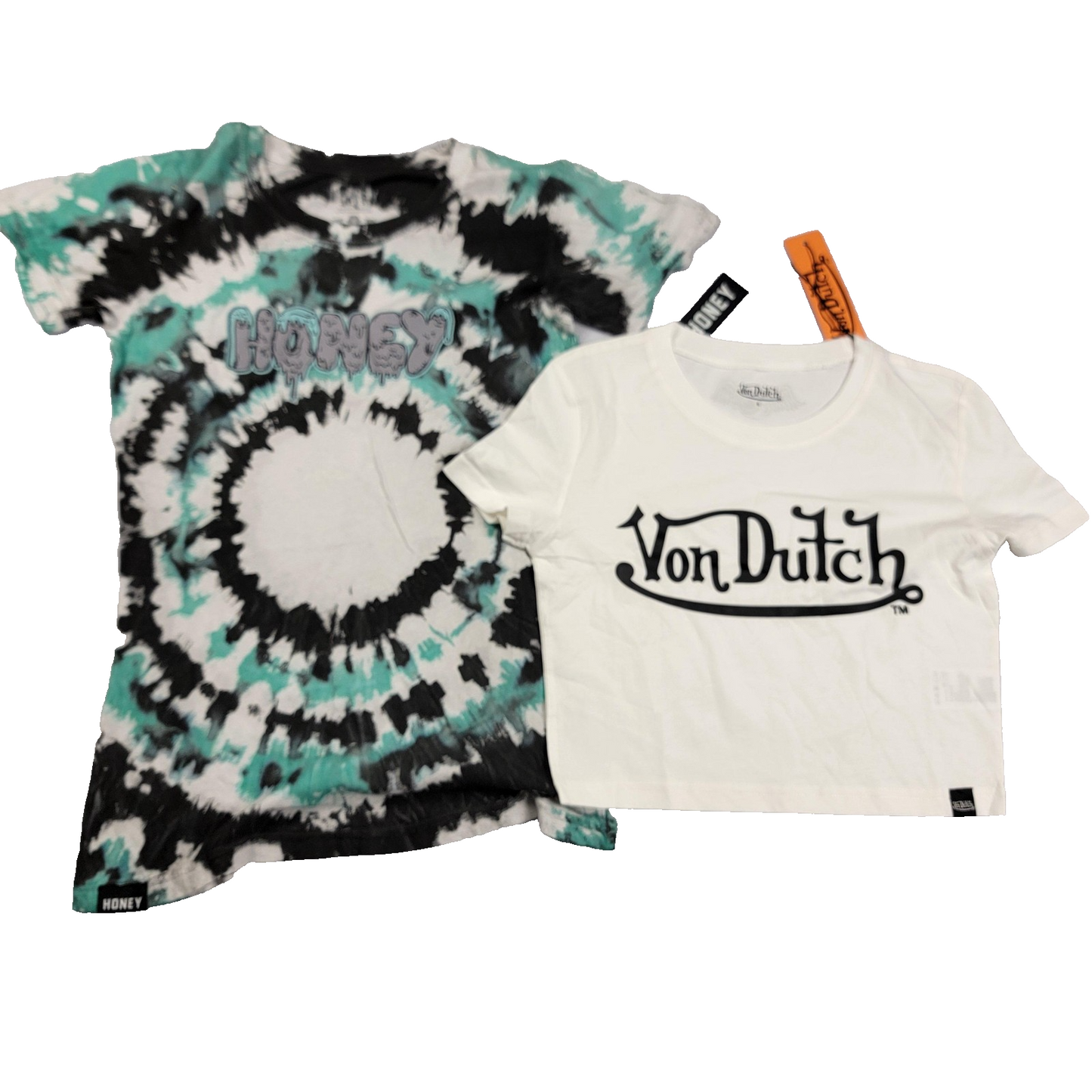 2 pack Von Dutch white Crop Tee+Honey Tie Dye Tee Shirt Womens Sz S 11261