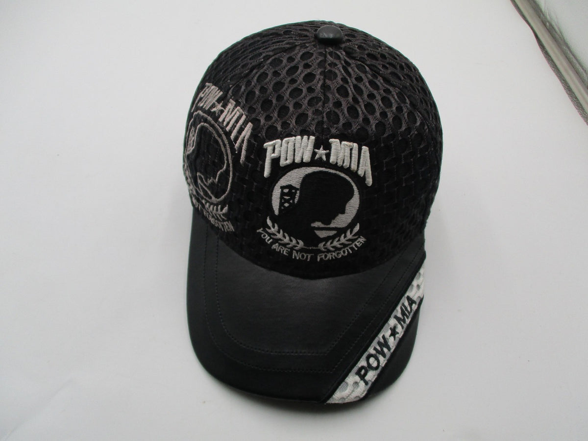 JWM POW MIA Hat Cap Strap Back Mens One Size Black Mesh Faux Leather Embroidered11
