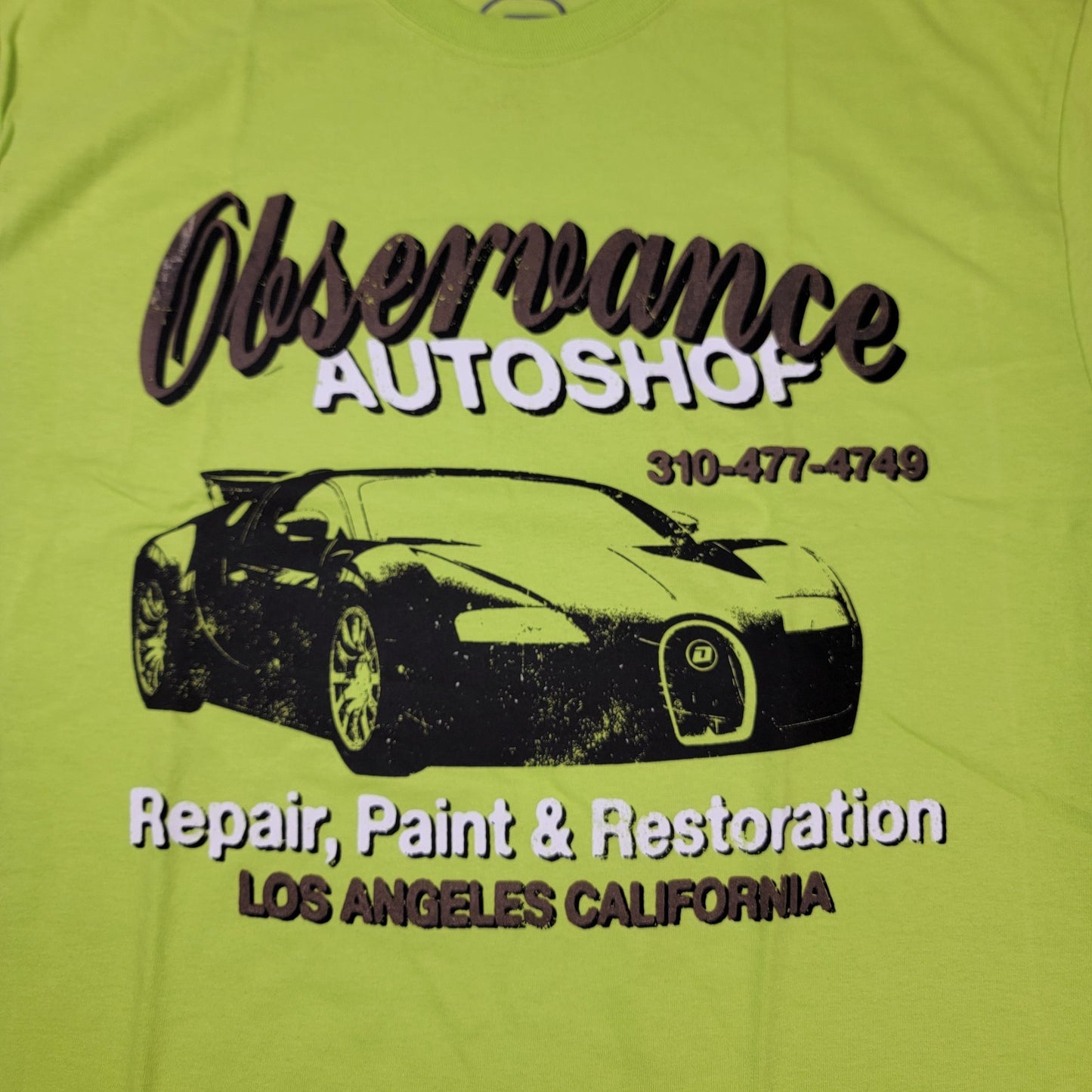 Observance Auto Shop TShirt Large Neon Green Car Graphic Los Angeles USA