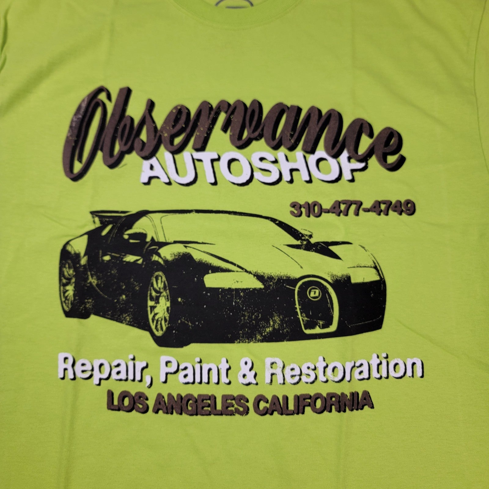 Observance Auto Shop TShirt Large Neon Green Car Graphic Los Angeles USA