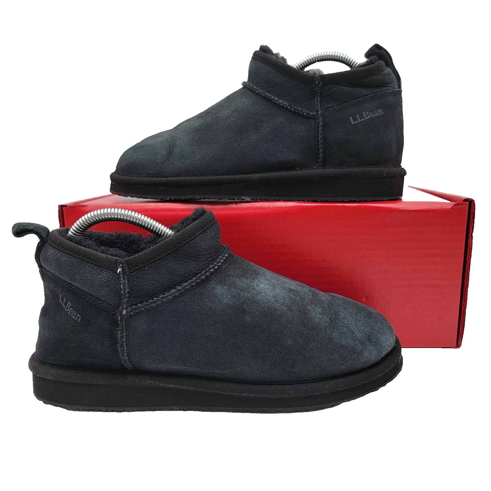 LL Bean Womens Size 7 Black Suede Shearling Slip On Moccasin Slippers Cozy