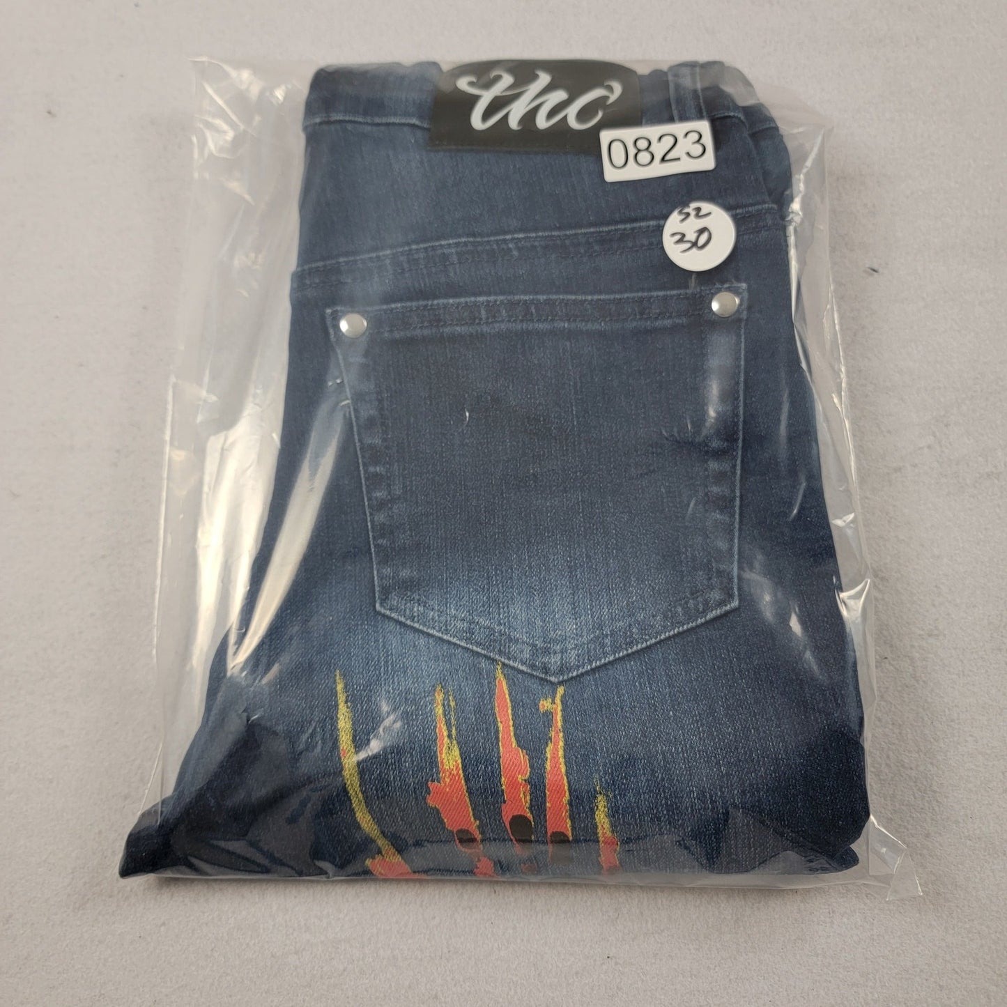 The Hideout Clothing Mens Jeans 30 Blue Flame Hand Print Slim Fit Zip Hem 822235
