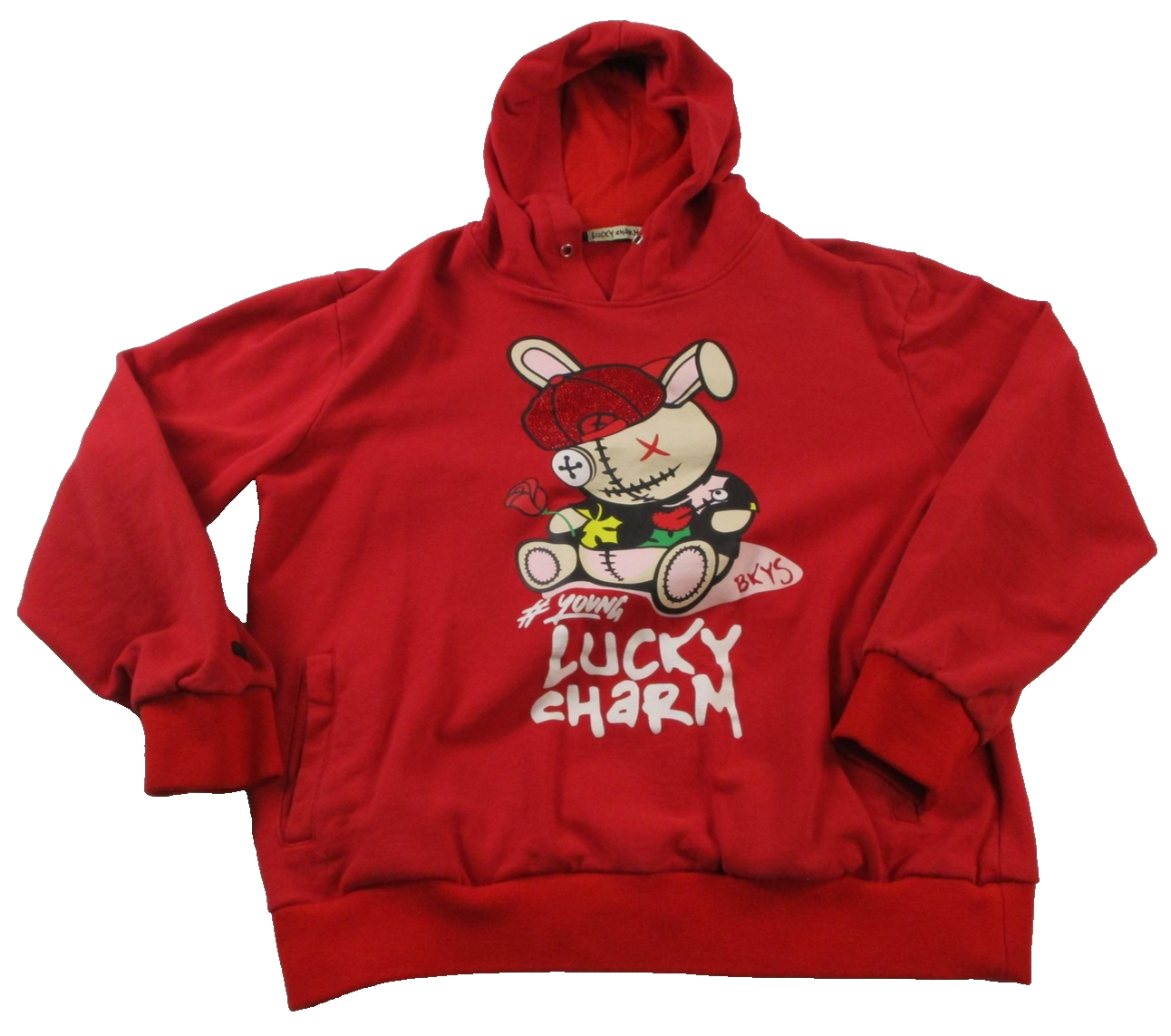 Lucky Charm Hoodie Kids Large Red Bunny Graphic Rhinestone Pullover 16480