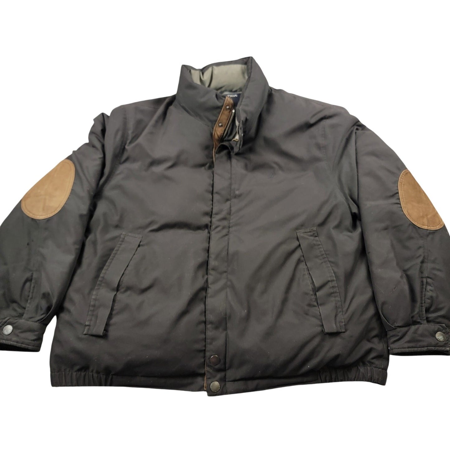Vintage Nautica Men’s Down Jacket Black Brown Leather Trim Elbow Patch Size L0