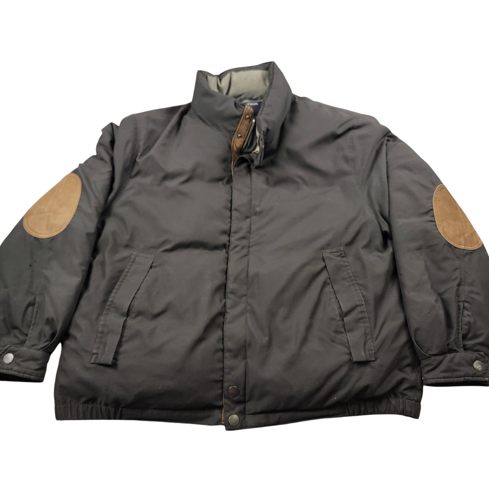 Vintage Nautica Men’s Down Jacket Black Brown Leather Trim Elbow Patch Size L0