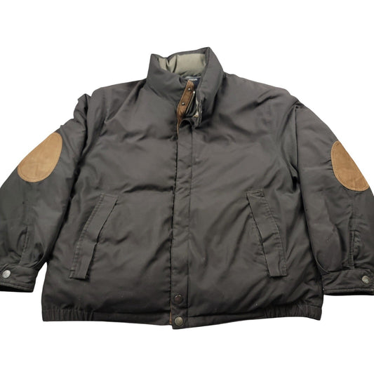 Vintage Nautica Men’s Down Jacket Black Brown Leather Trim Elbow Patch Size L0