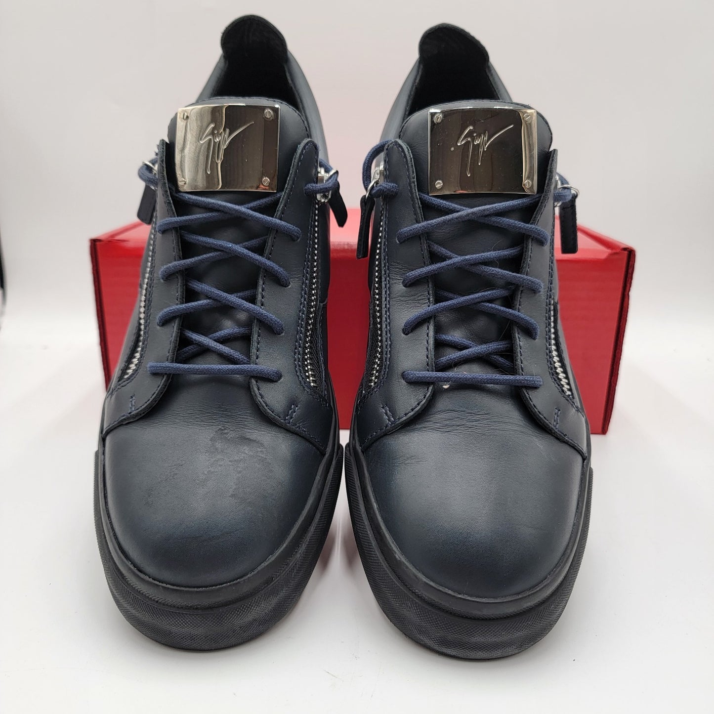 Giuseppe Zanotti Navy Leather Double Zip Sneakers Men 45 Made In Italy