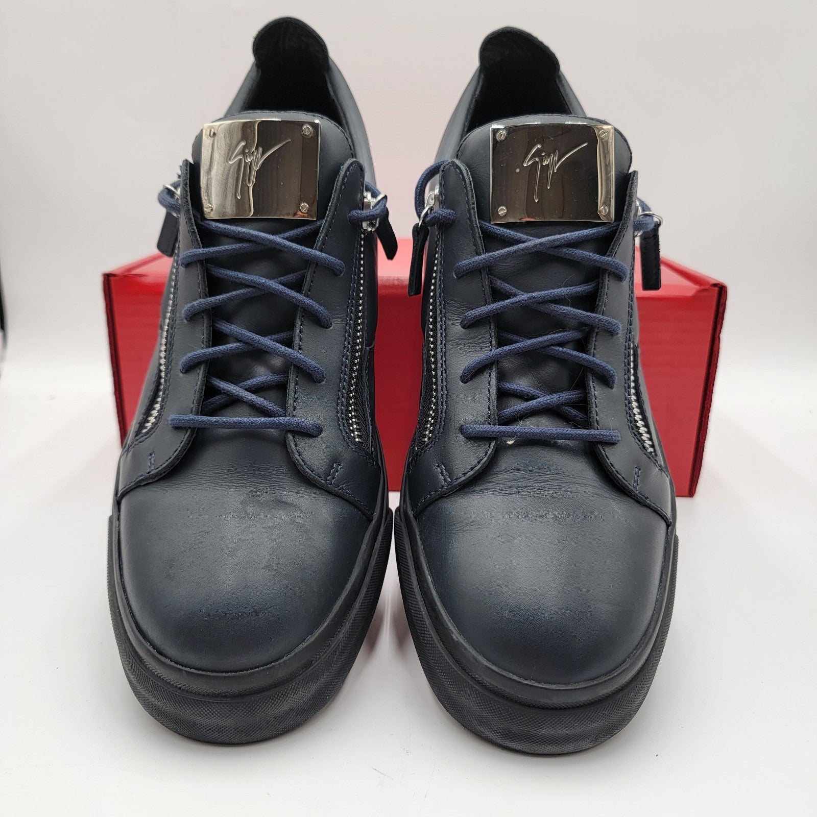 Giuseppe Zanotti Navy Leather Double Zip Sneakers Men 45 Made In Italy