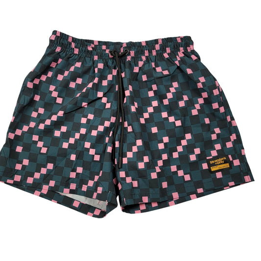 Strangers Only 225 Pixel Checkerboard Swim Trunks XS Pink Teal Board Shorts NWT0
