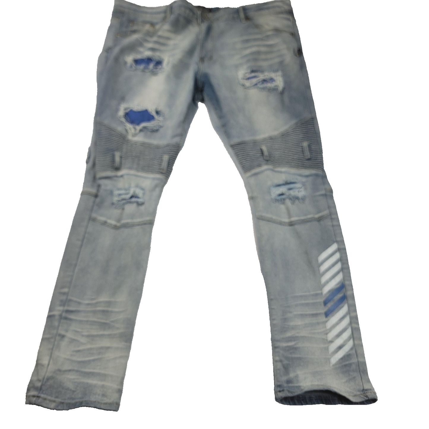 M Society Jeans Mens 44x32 Light Wash Moto Biker Distressed Stretch Blue